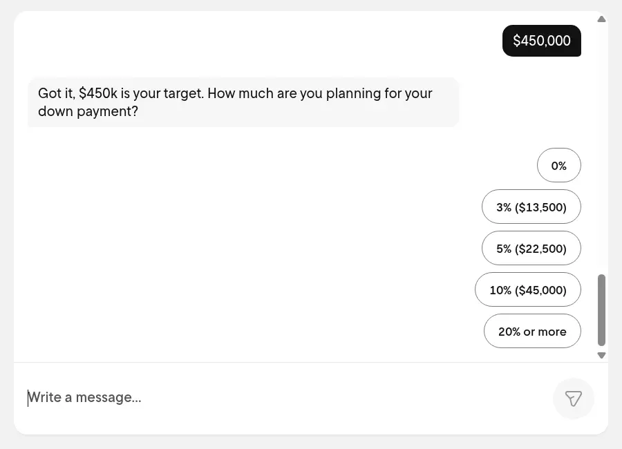 Rocket Mortgage lead form screen 6: the chat asks how much you plan for a down payment, with percentage chips that show the dollar amount for the target price