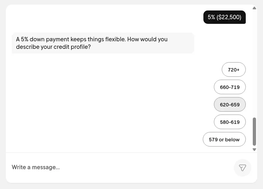 Rocket Mortgage lead form screen 7: the chat asks you to describe your credit profile, with five score range chips