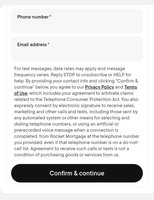 Rocket Mortgage lead form screen 8: the contact card with phone number and email address fields, the consent paragraph and the Confirm and continue button