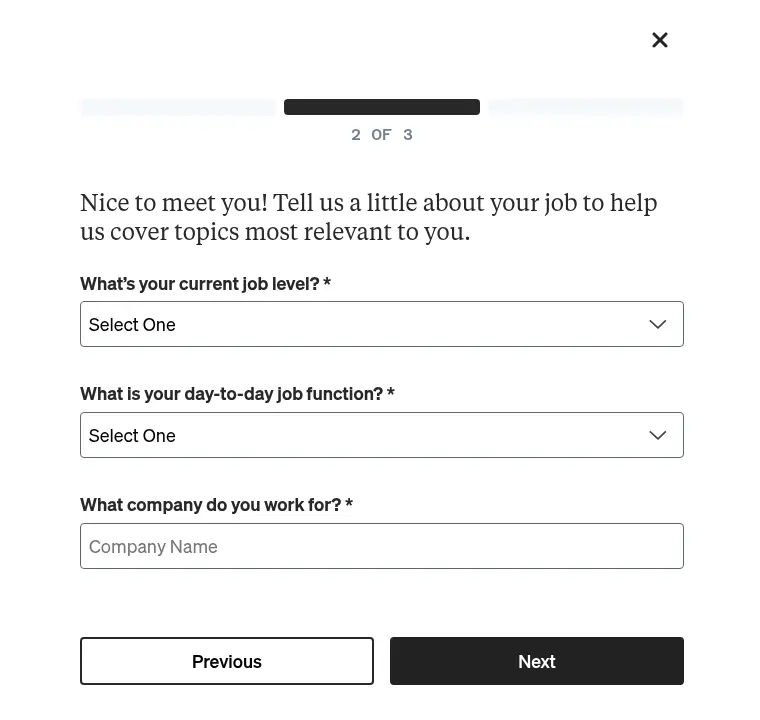 Morning Brew lead form screen 3: step 2 of 3 with dropdowns for job level and job function and a company name field