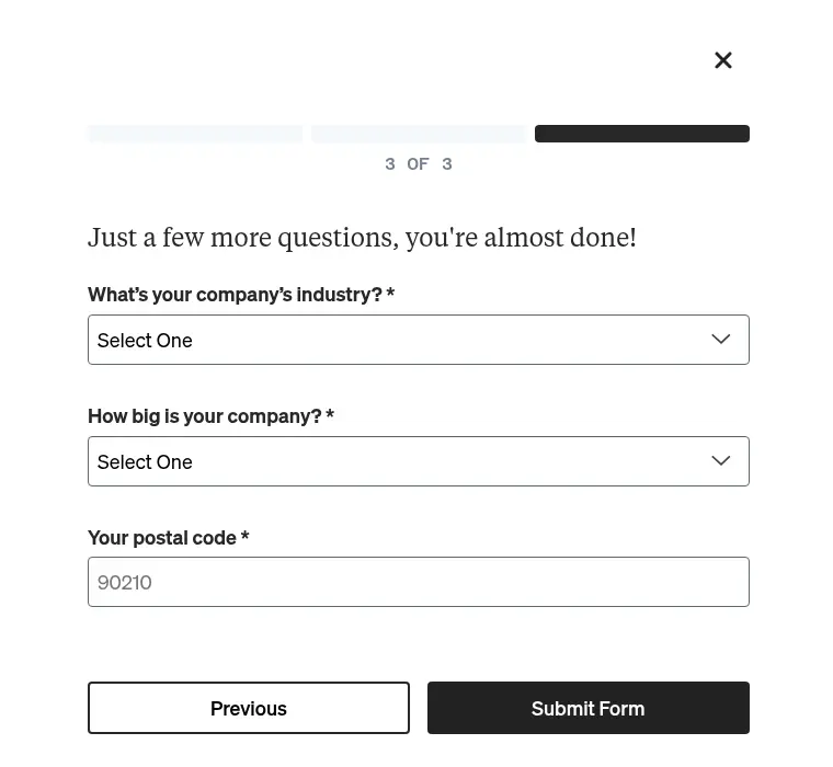 Morning Brew lead form screen 4: step 3 of 3 with dropdowns for industry and company size, a postal code field and the Submit Form button