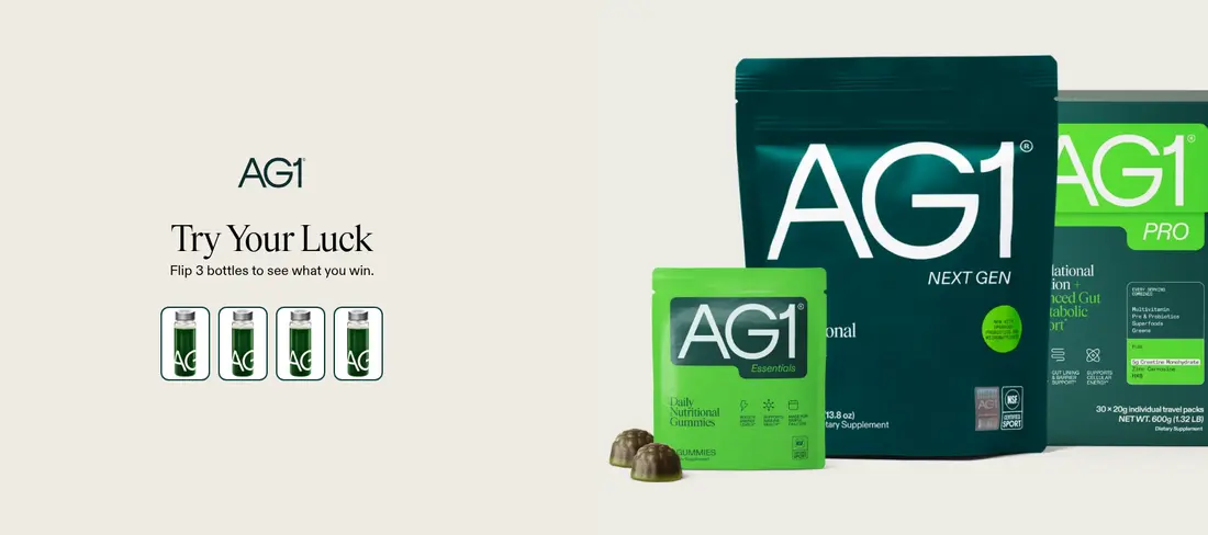 AG1 lead form screen 1: a Try Your Luck popup over the home page inviting the visitor to flip 3 bottles to see what they win