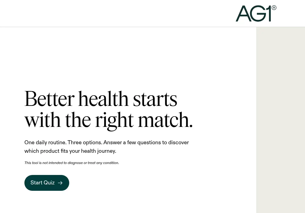 AG1 lead form screen 2: the quiz landing screen with a Start Quiz button and a note that the tool does not diagnose any condition