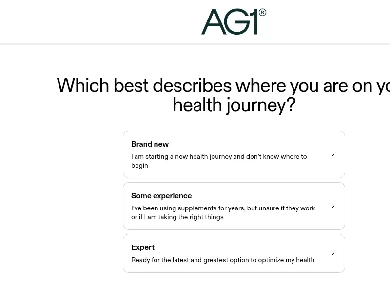 AG1 lead form screen 3: three option cards from brand new to expert with a progress bar