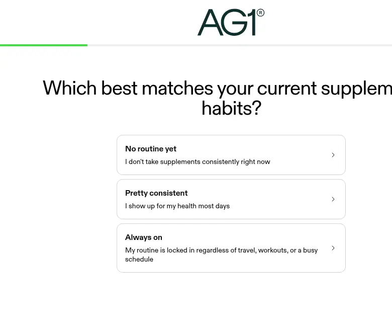AG1 lead form screen 4: three option cards from no routine yet to always on