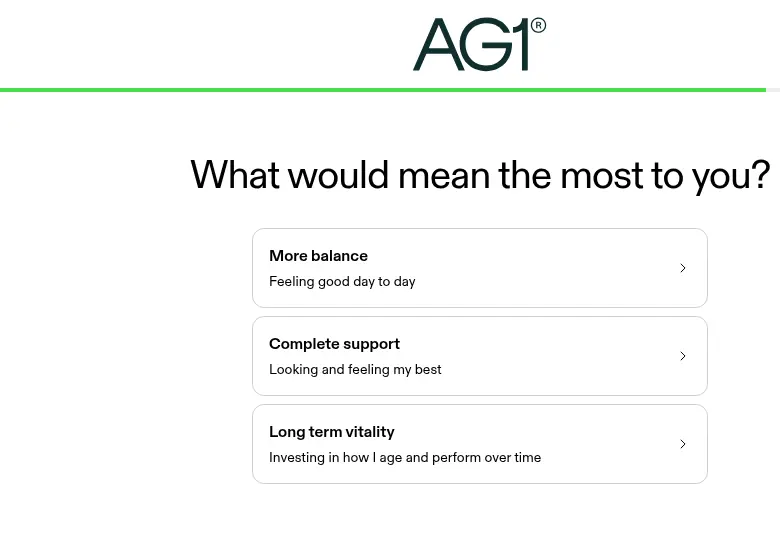 AG1 lead form screen 5: three option cards: more balance, complete support, long term vitality