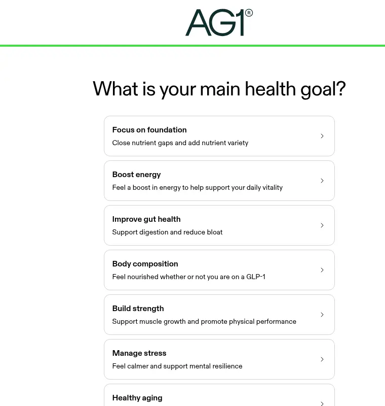 AG1 lead form screen 6: seven option cards from focus on foundation to healthy aging