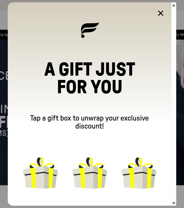 Fabletics lead form screen 2: a popup asking you to tap one of three gift boxes to unwrap a discount