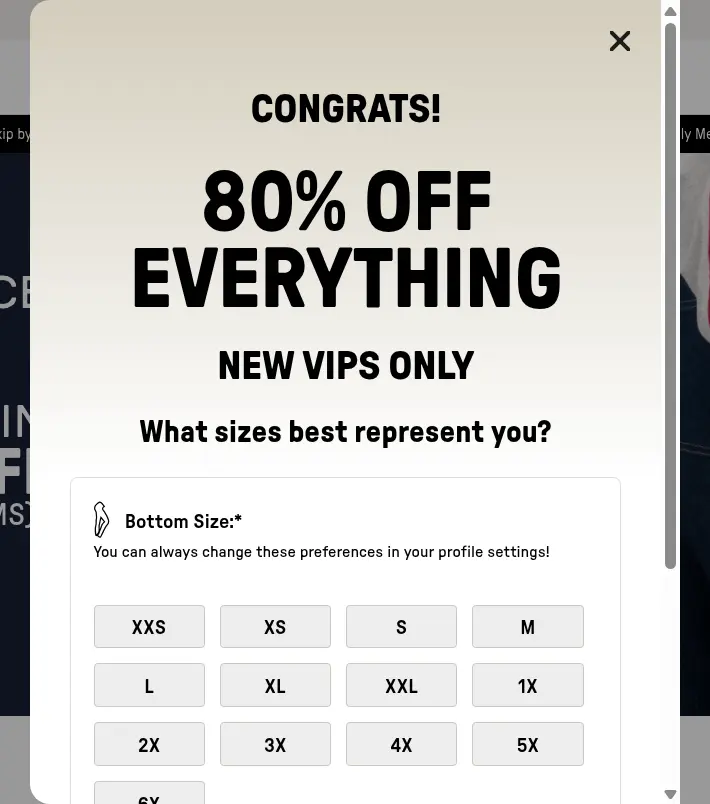 Fabletics lead form screen 3: the Congrats 80% off everything message and a grid of size buttons for bottom size
