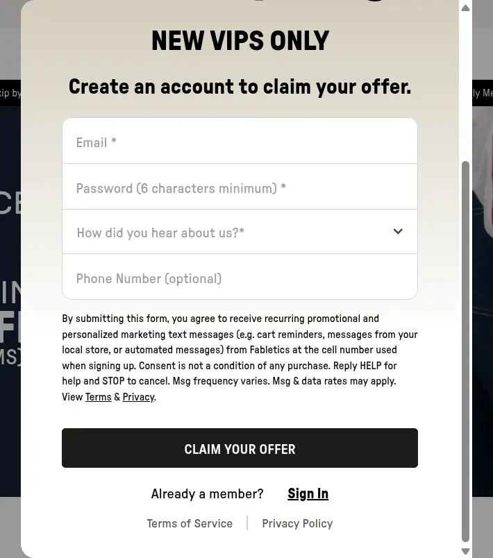 Fabletics lead form screen 4: fields for email, password, how did you hear about us and optional phone, the text consent paragraph and the Claim Your Offer button