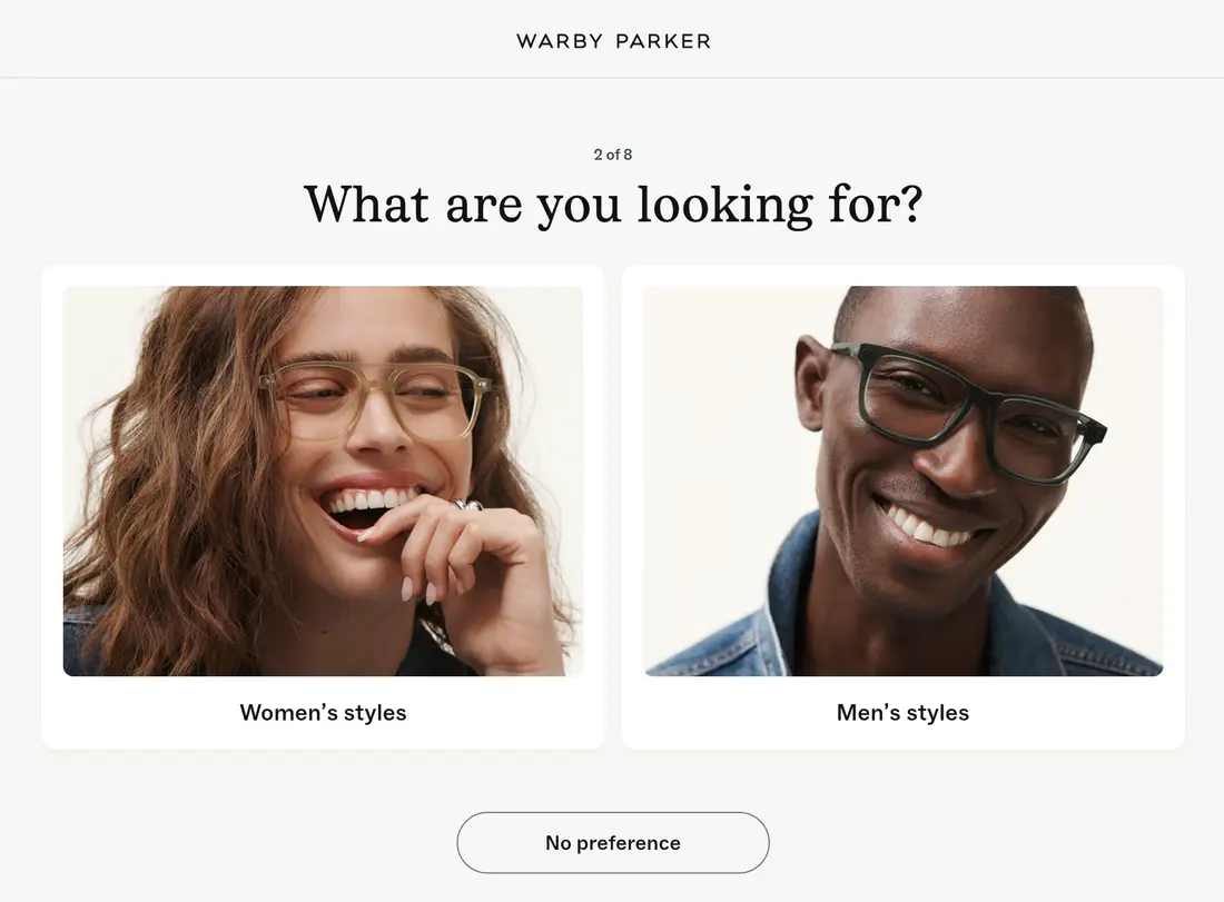Warby Parker lead form screen 2: step 2 of 8 with photo cards for women&#x27;s styles and men&#x27;s styles and a no preference button