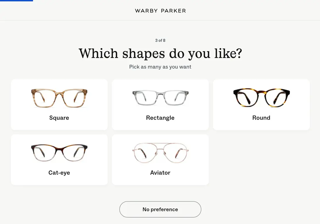 Warby Parker lead form screen 3: step 3 of 8 with frame shape cards: square, rectangle, round, cat-eye and aviator