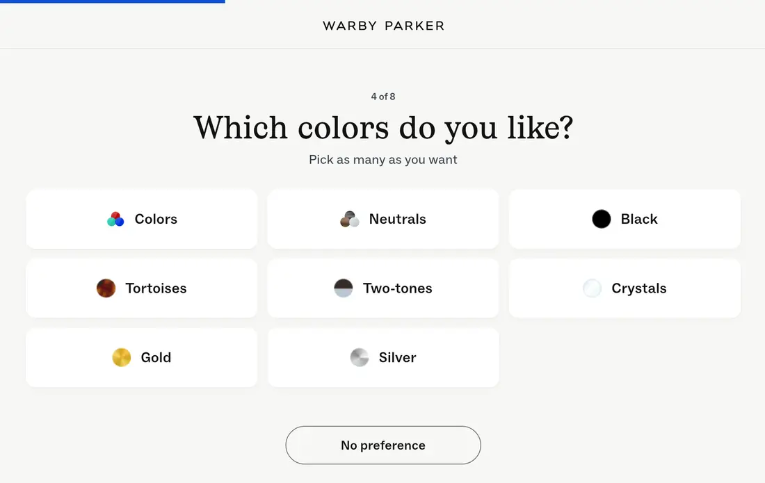 Warby Parker lead form screen 4: step 4 of 8 with eight color swatch options