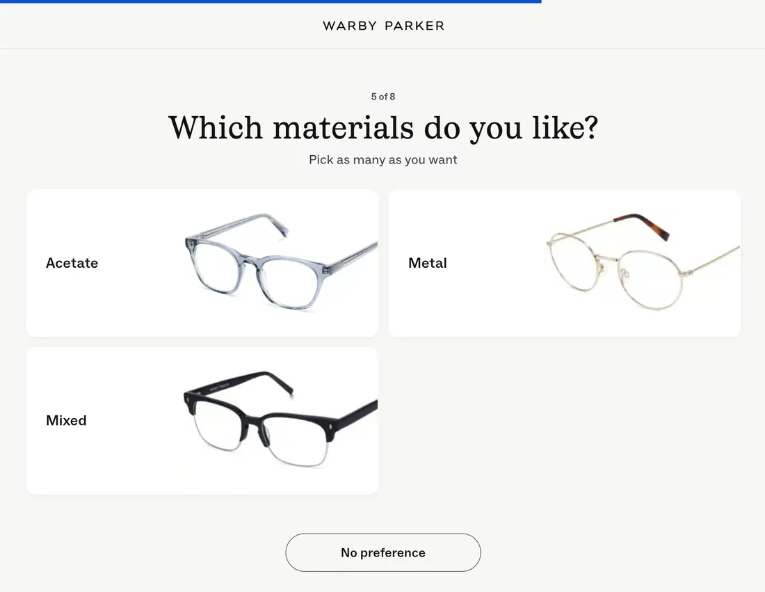 Warby Parker lead form screen 5: step 5 of 8 with acetate, metal and mixed frame cards