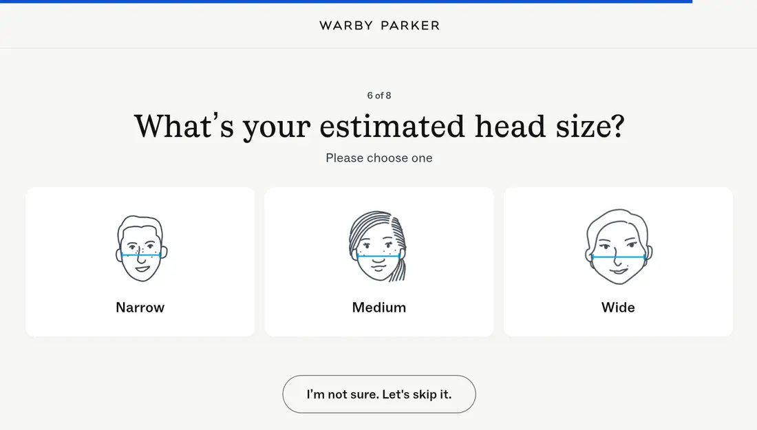 Warby Parker lead form screen 6: step 6 of 8 with narrow, medium and wide face illustrations