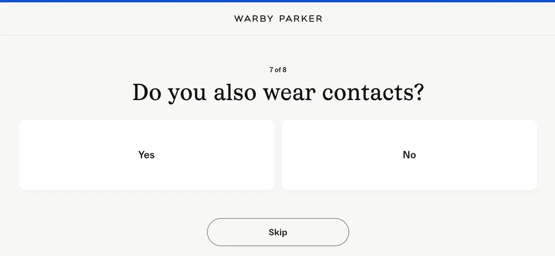 Warby Parker lead form screen 7: step 7 of 8 with yes and no cards and a skip button