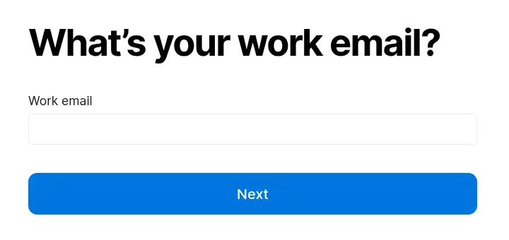 Notion lead form screen 1: a single question asking for your work email with a Next button