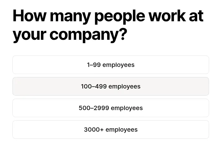 Notion lead form screen 2: four company size buttons from 1-99 to 3000+ employees