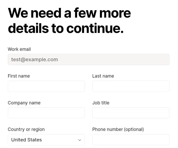 Notion lead form screen 3: fields for work email, first name, last name, company name, job title, country and optional phone