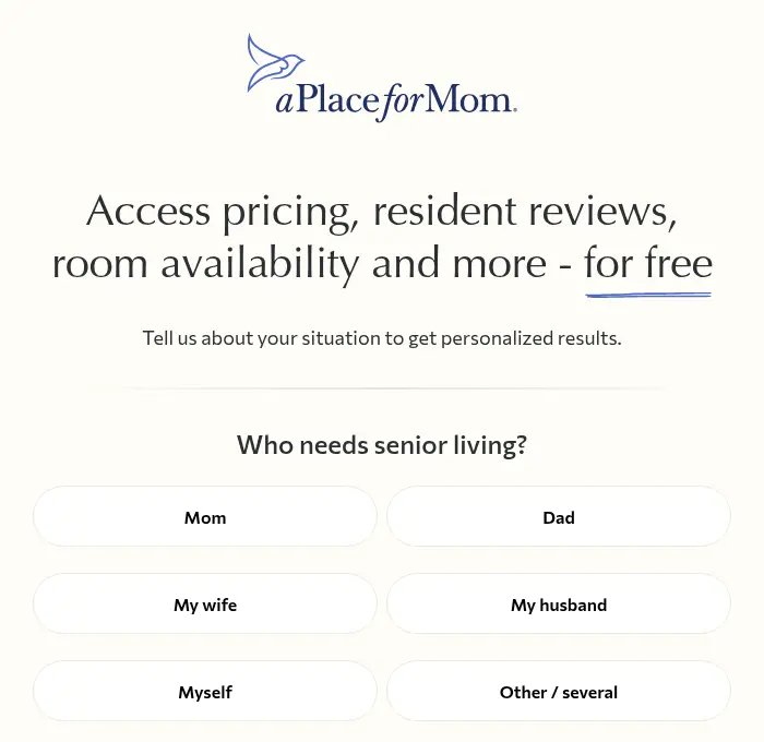 A Place for Mom lead form screen 2: option cards for Mom, Dad, my wife, my husband, myself or other