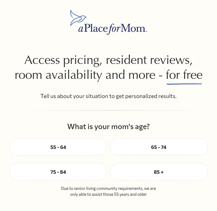 A Place for Mom lead form screen 3: four age range cards from 55 to 64 up to 85 and over