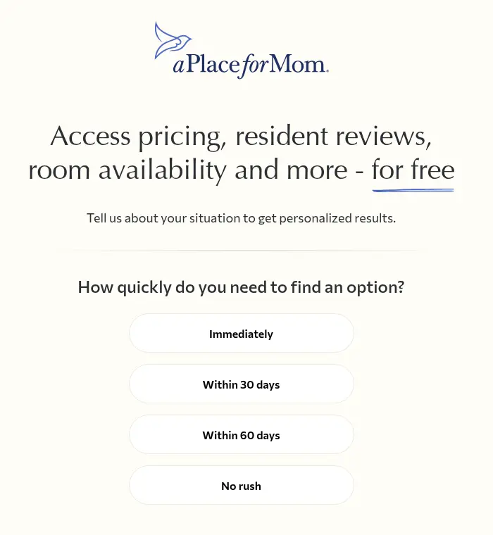 A Place for Mom lead form screen 4: options from immediately to no rush