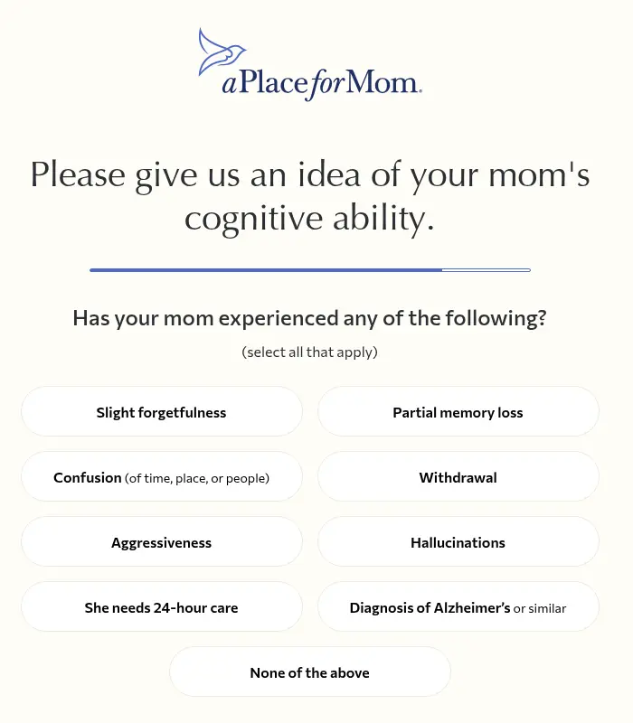 A Place for Mom lead form screen 8: checkboxes for memory and cognition symptoms under the headline about cognitive ability