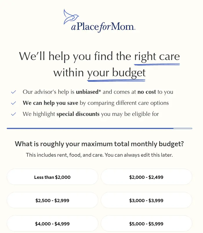 A Place for Mom lead form screen 9: three reassurance points about free, unbiased help above budget range cards