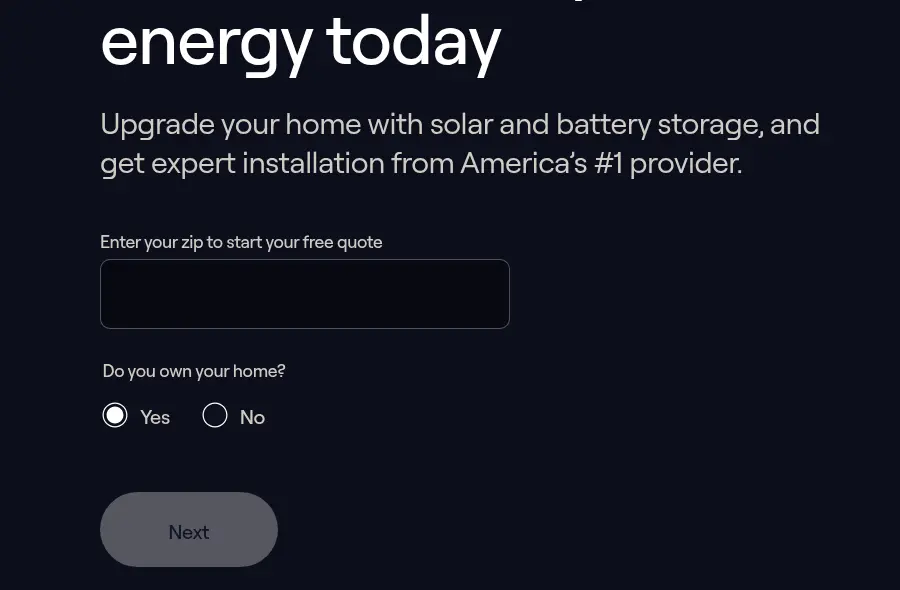 Sunrun lead form screen 1: the dark home page hero with a ZIP code field, a do you own your home yes or no choice and a Next button
