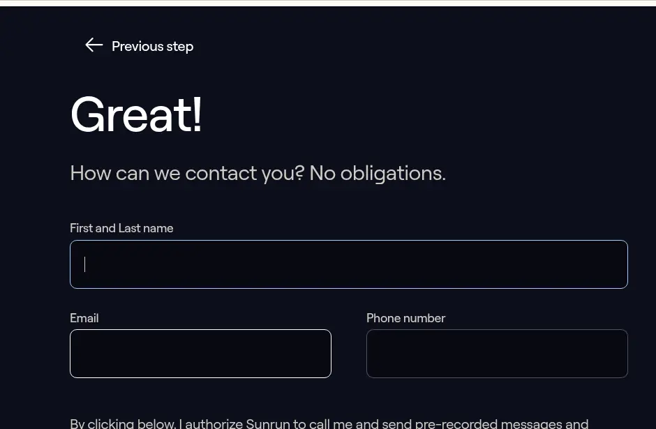 Sunrun lead form screen 2: the second step asking for name, email and phone number with the consent paragraph beginning below
