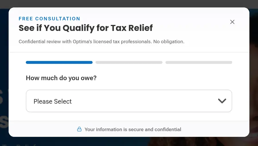 Optima Tax Relief lead form screen 1: a modal asking how much tax debt you owe, with a dropdown of ranges