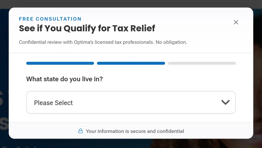 Optima Tax Relief lead form screen 2: the modal asking which state you live in, with the progress bar at two of three