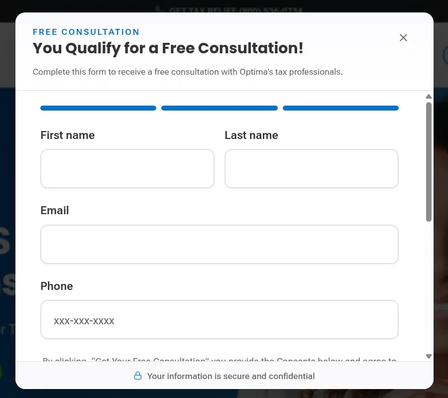 Optima Tax Relief lead form screen 3: the qualification message and fields for first name, last name, email and phone