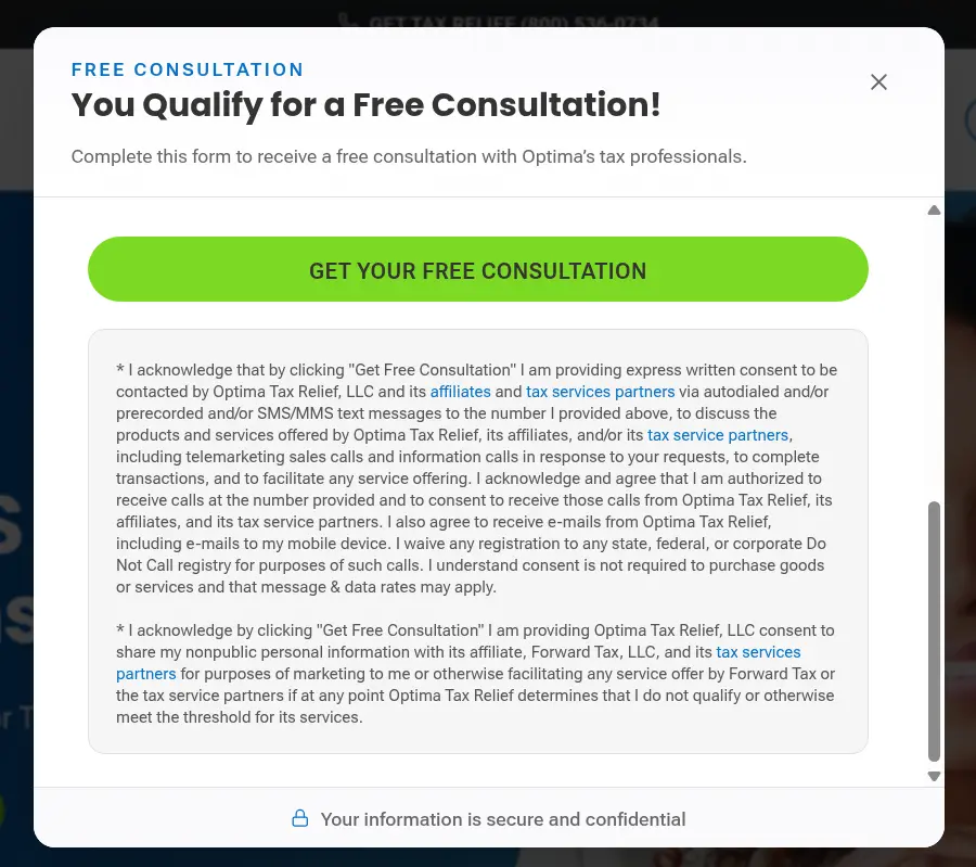 Optima Tax Relief lead form screen 4: the same contact step scrolled to the Get Your Free Consultation button and the consent text
