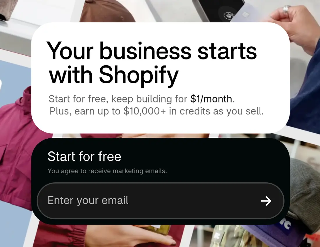 Shopify lead form screen 1: single email field in a black box inside the page hero