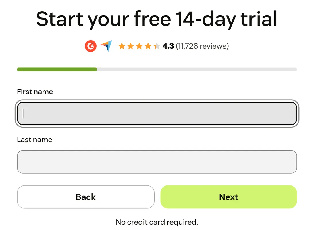 Zendesk lead form screen 2: the trial form asking for first name and last name