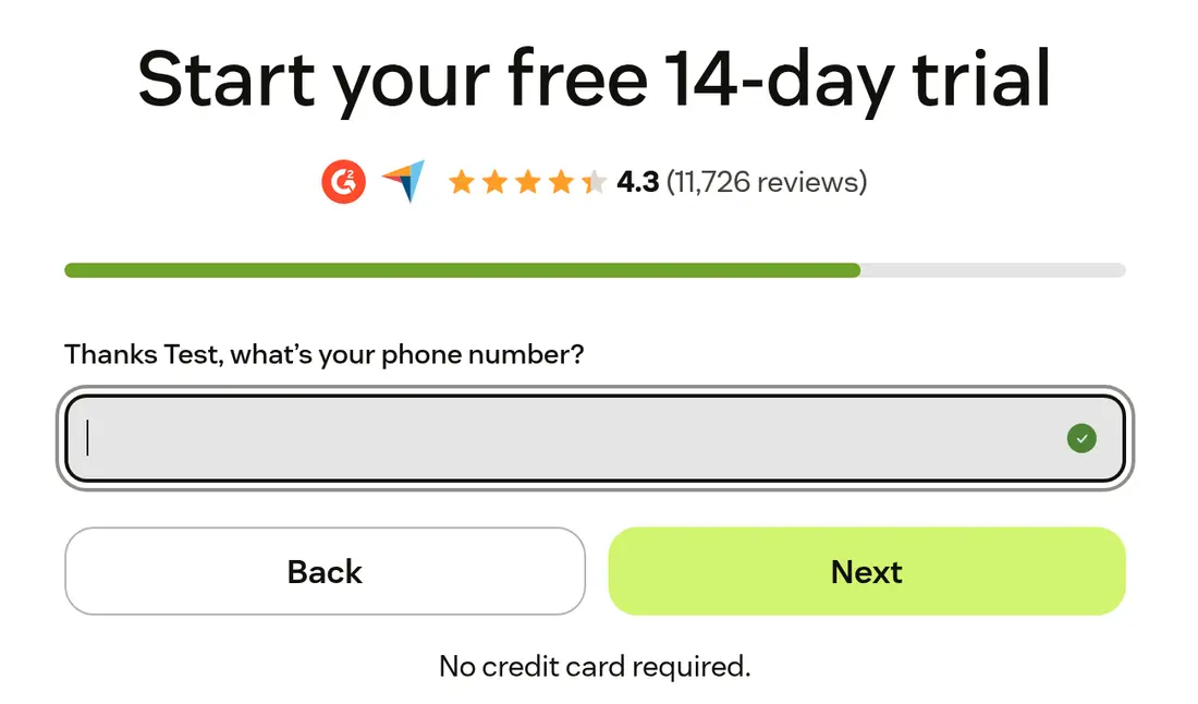 Zendesk lead form screen 3: the trial form asking for a phone number