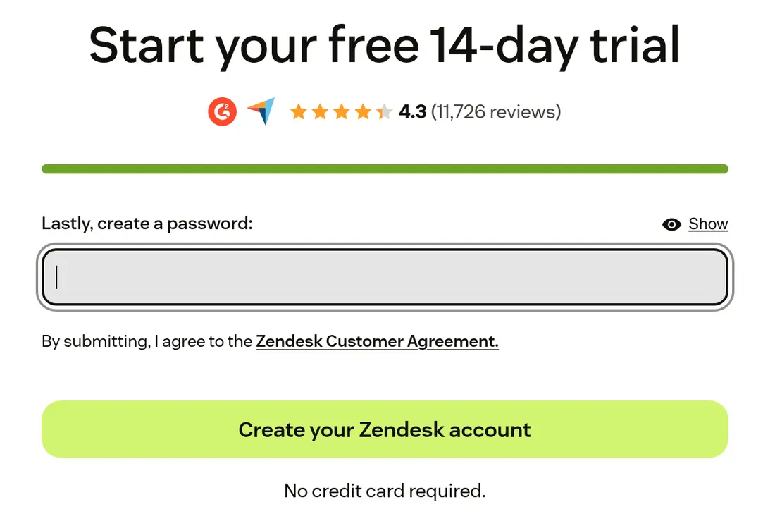 Zendesk lead form screen 4: the trial form asking you to create a password, with the Create your Zendesk account button
