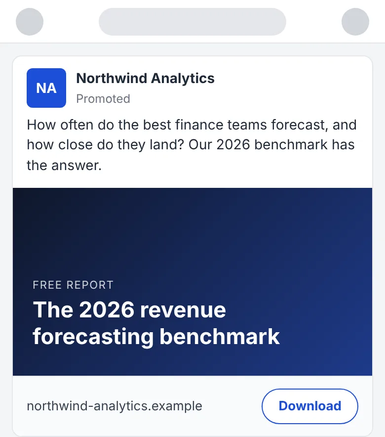 Illustration of screen 1, the ad: a promoted post from an invented company with a short message, a report image and a Download button
