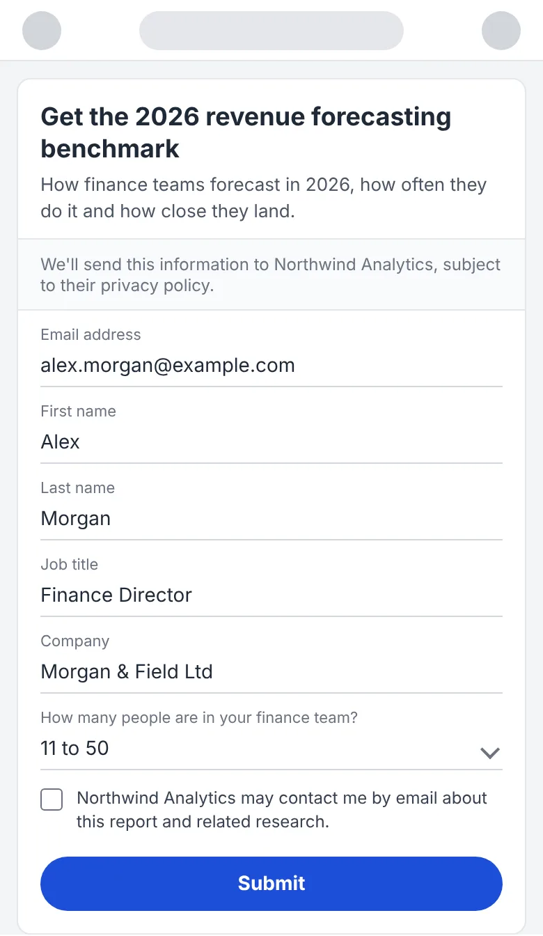 Illustration of screen 2, the form: a 60-character headline, a details line, the privacy notice, five pre-filled profile fields, one multiple-choice custom question, a disclosure checkbox and a Submit button