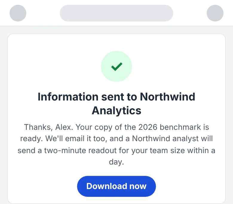 Illustration of screen 3, the thank-you: a confirmation that the information was sent, a short message and one Download now button