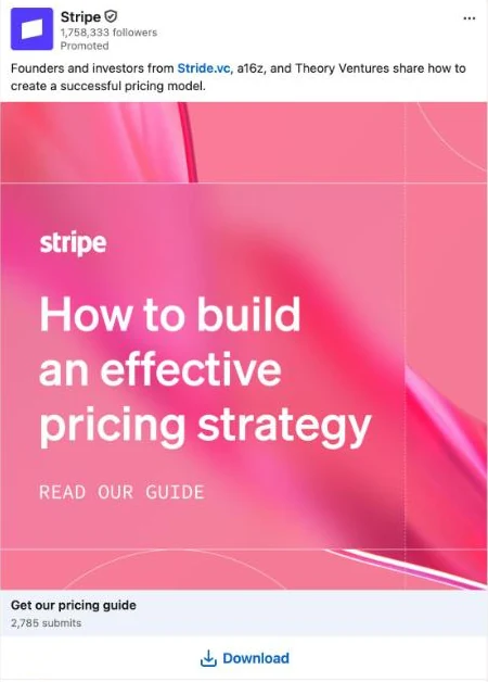 Stripe's promoted post: a pink creative headed How to build an effective pricing strategy, the line Get our pricing guide with 2,785 submits, and a Download button