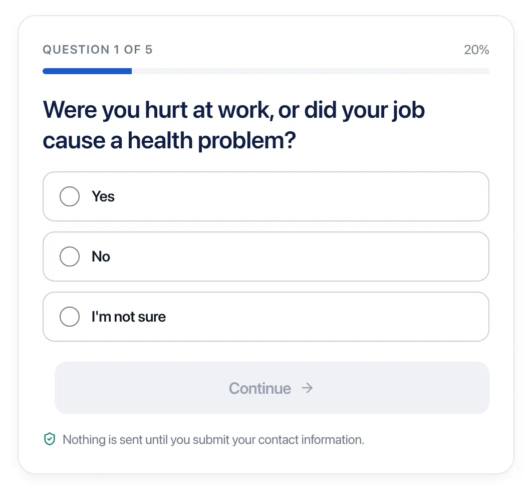 AskLegally multi-step form screen 1: whether the injury or health problem came from work