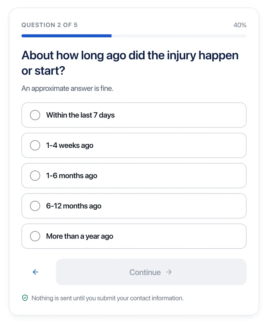 AskLegally multi-step form screen 2: how long ago the injury happened