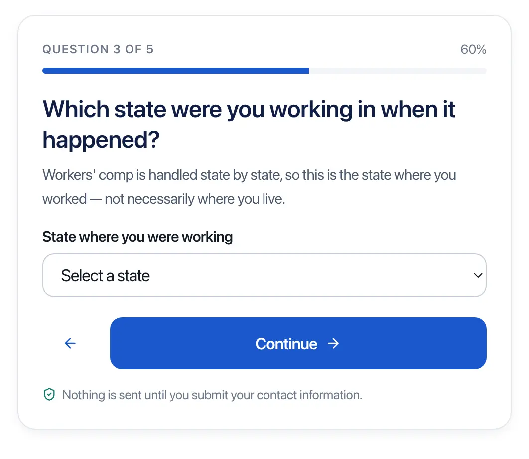 AskLegally multi-step form screen 3: the state the person was working in, from a dropdown