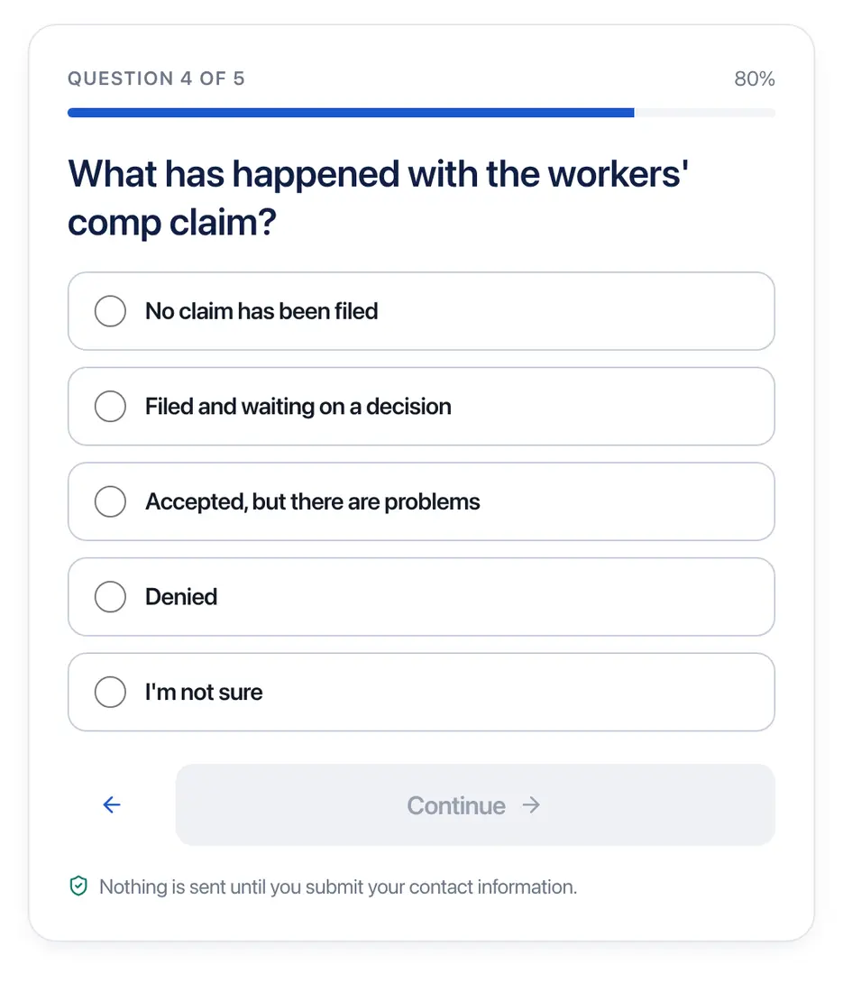 AskLegally multi-step form screen 4: where the workers&#x27; comp claim stands