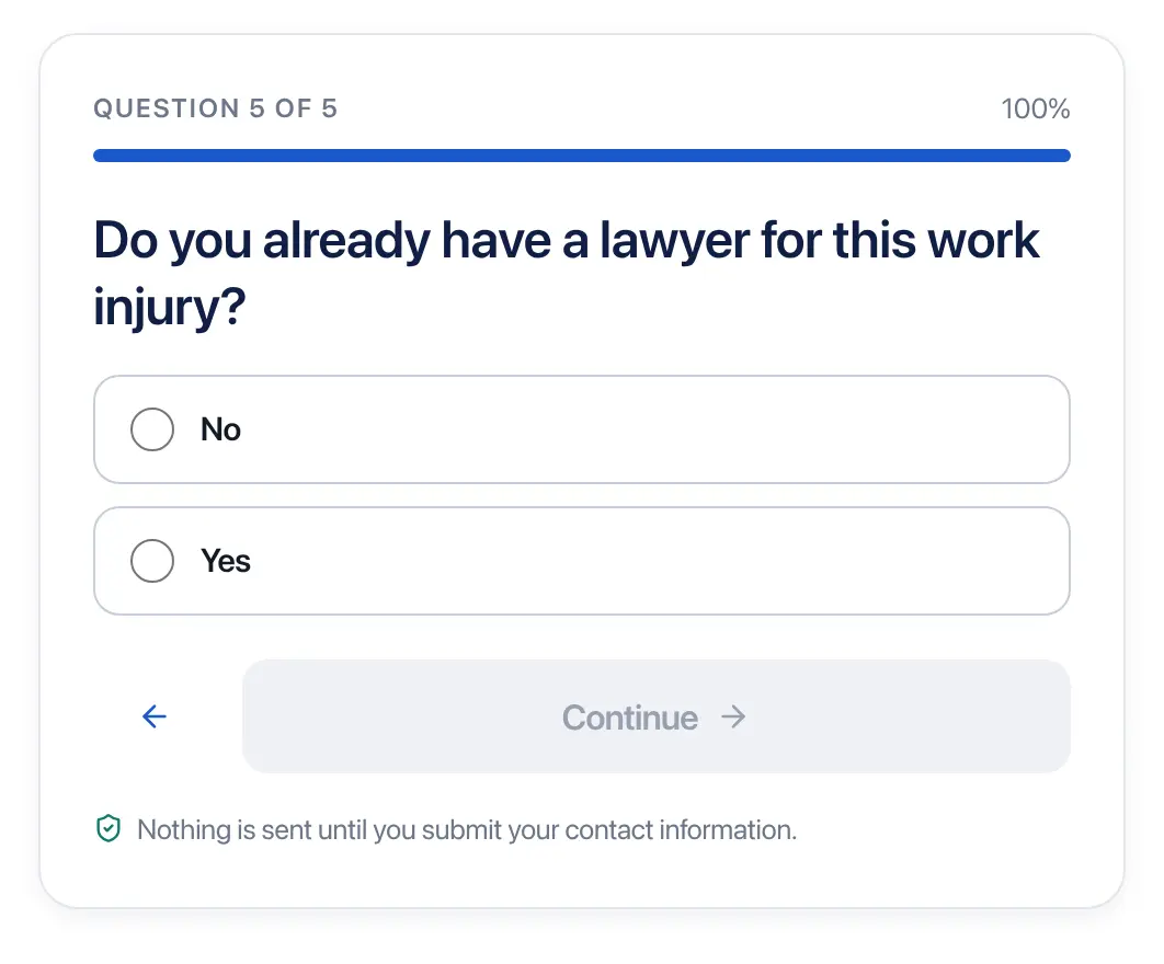 AskLegally multi-step form screen 5: whether the person already has a lawyer