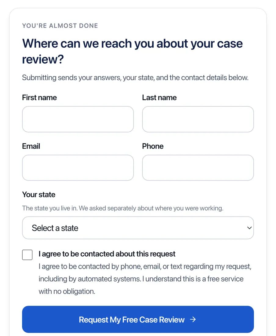 AskLegally multi-step form screen 6: name, email, phone, home state and consent to be contacted