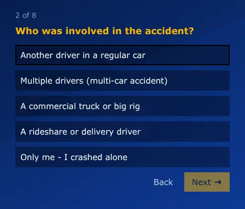 Case Connect multi-step form screen 2: who else was involved, such as another driver, a truck or a rideshare driver