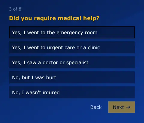 Case Connect multi-step form screen 3: whether you needed medical help, from the emergency room to no injury